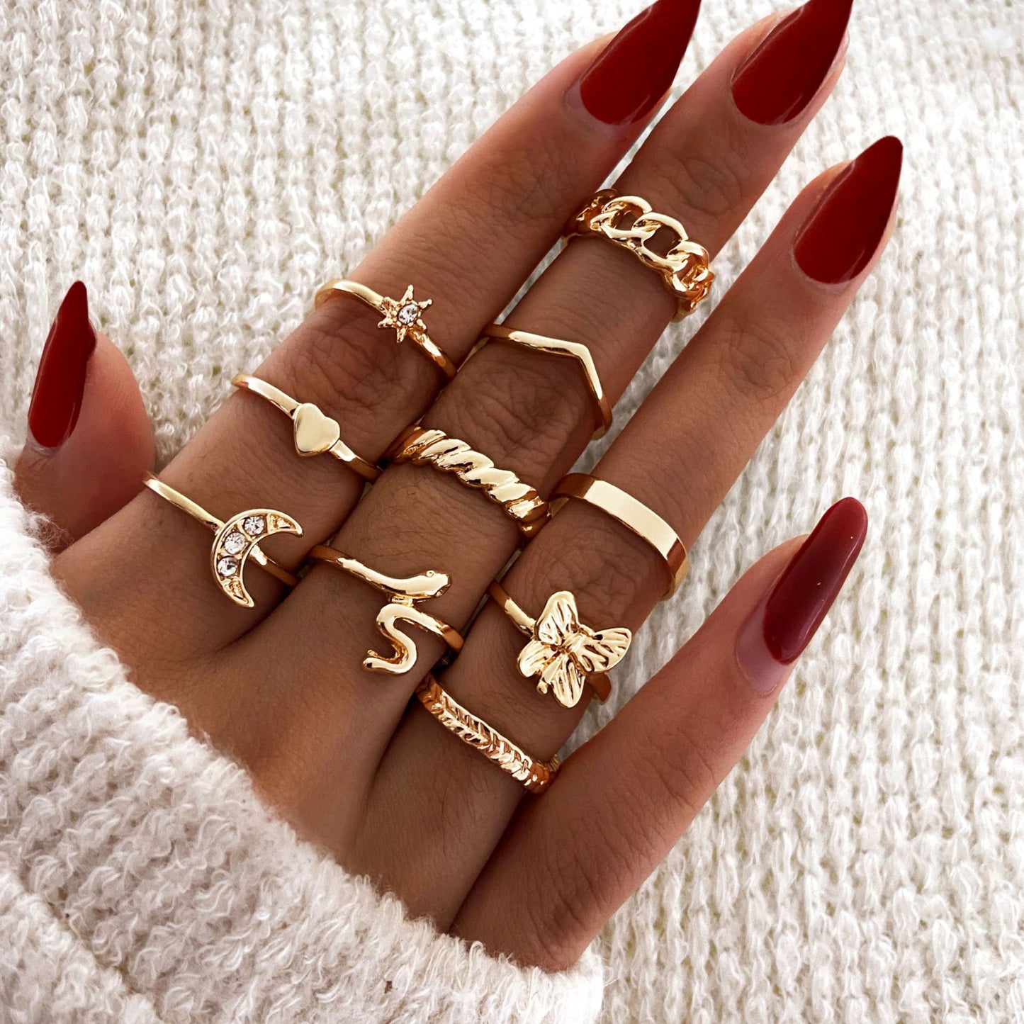 Bohemian Gold Chain Rings Set Boho Coin Snake Moon Star Rings Party Jewelry