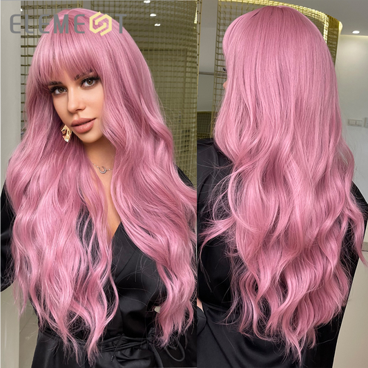 Long Natural Wavy Pink Hair Wigs with Bangs for Women Synthetic Cosplay Party Daily Use Heat Resistant