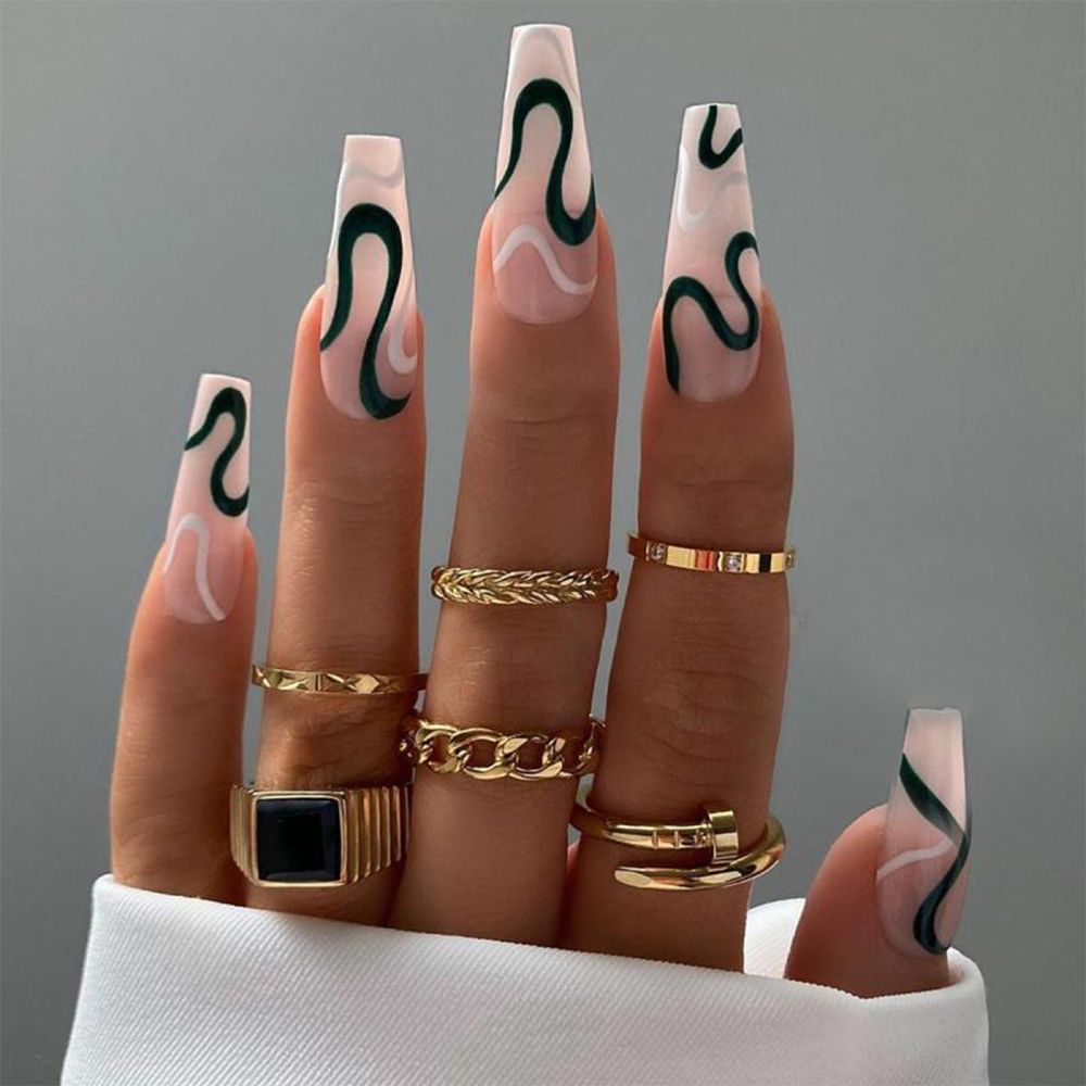 24Pcs Marble Gradient Long Coffin False Nails Detachable Wearable Gold Foil Ballerina Fake Nails Full Cover Nail Tips Press Glue