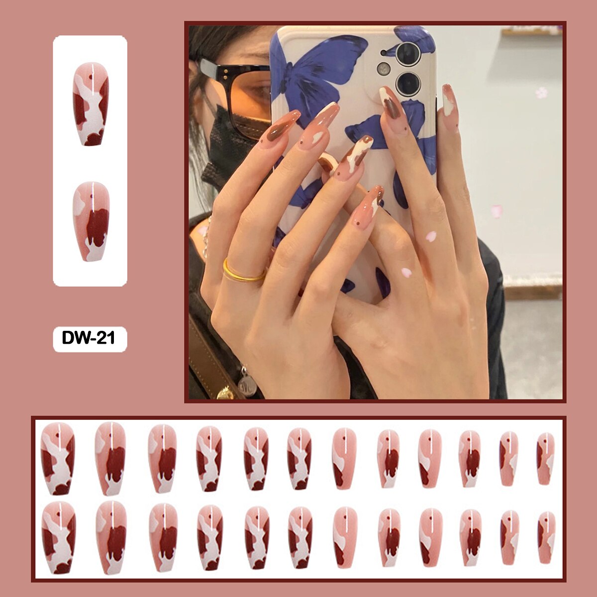 24Pcs Personality Painted Animal Pattern Cow Pattern Leopard Printed Wearable False Nails Fake Nails With Glue And Wearing Tools