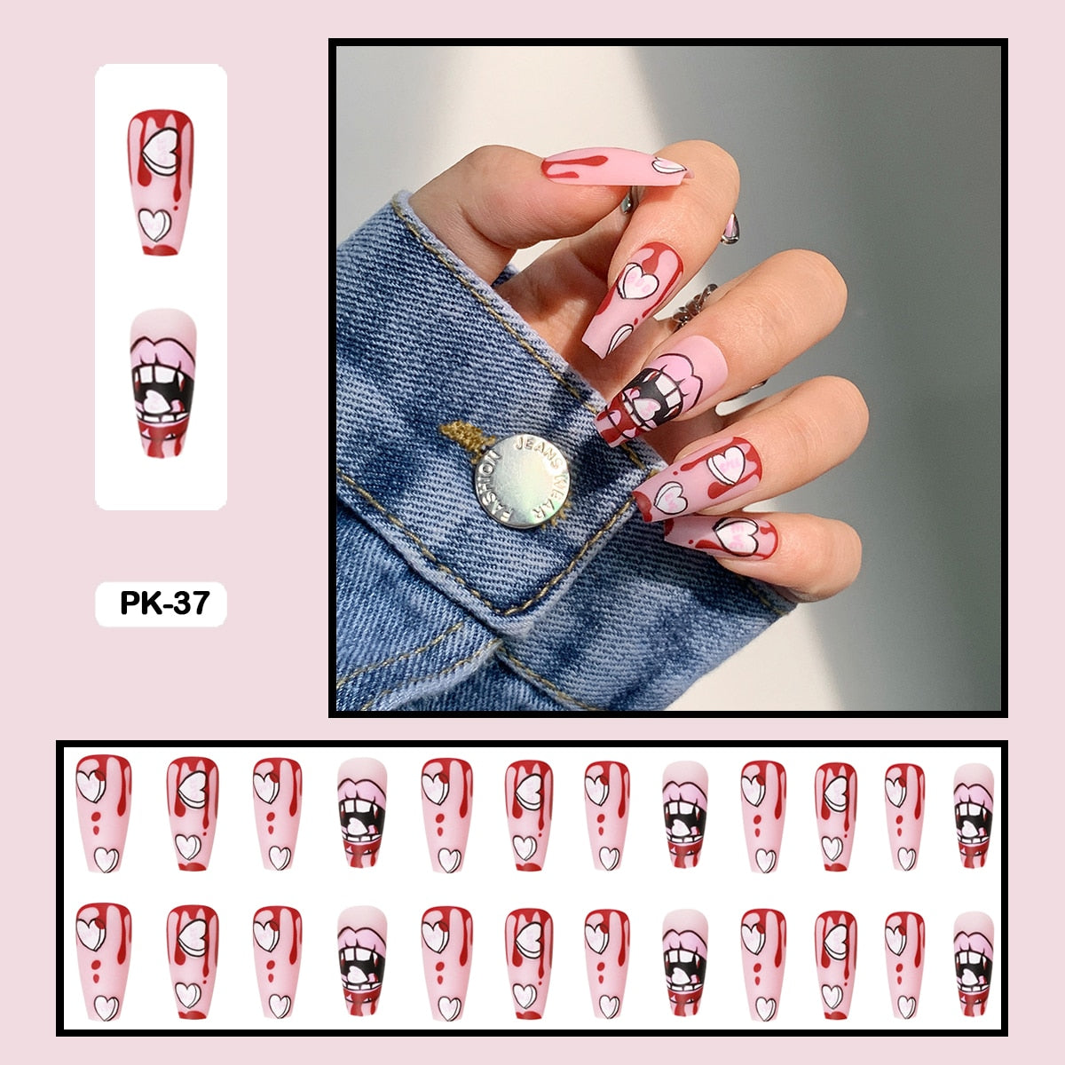 24PCS Dark Punk False Nails with Glue Gradient Long Detachable Fire Stick on Nails Skull Flame  Art DIY Fashion Manicure Tool