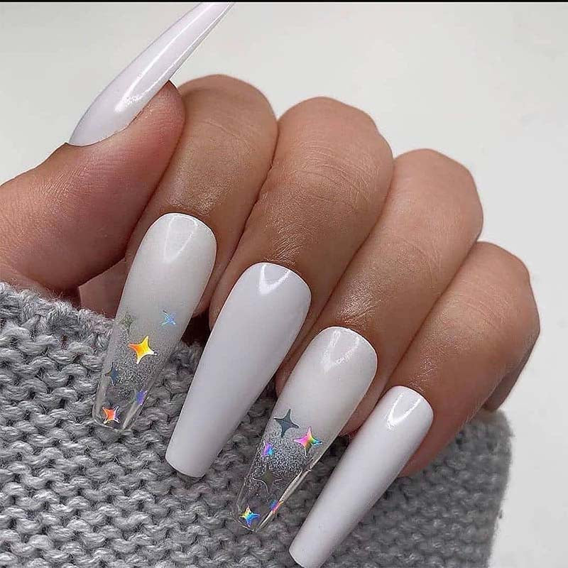 24Pcs/Box Long French False Nail Ballerina Fake Nails Yellow Butterfly Pattern Square Decal False Nails Press On Nail Tips