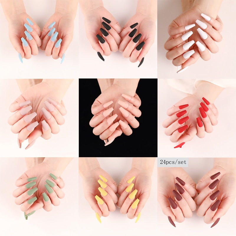 24pcs Long Sensual False Nail White Red Blue Fake Nail Extension Press On Nails Removable Decoration Nail Art