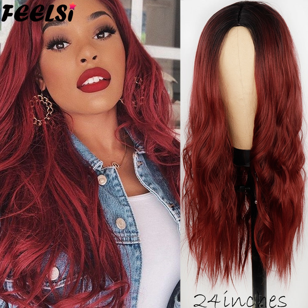 Synthetic Pure Red Black Orange Wig Long Water Wave Halloween Cosplay Wigs Synthetic Wig High Temperature Fiber