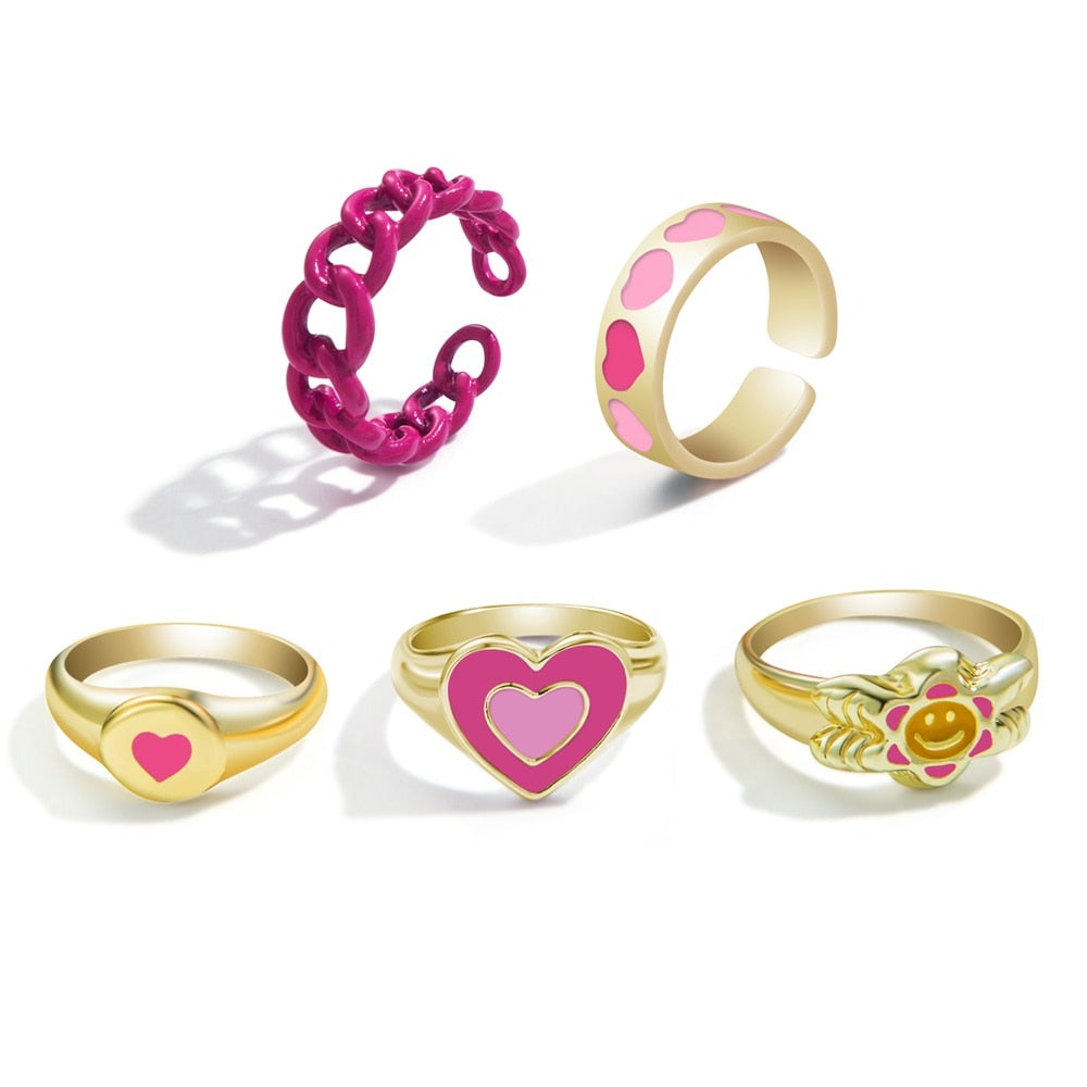 Y2K Style Korean Colorful Resin Chain Rings Set for Women Fashion Colorful Multilayered Heart Ring