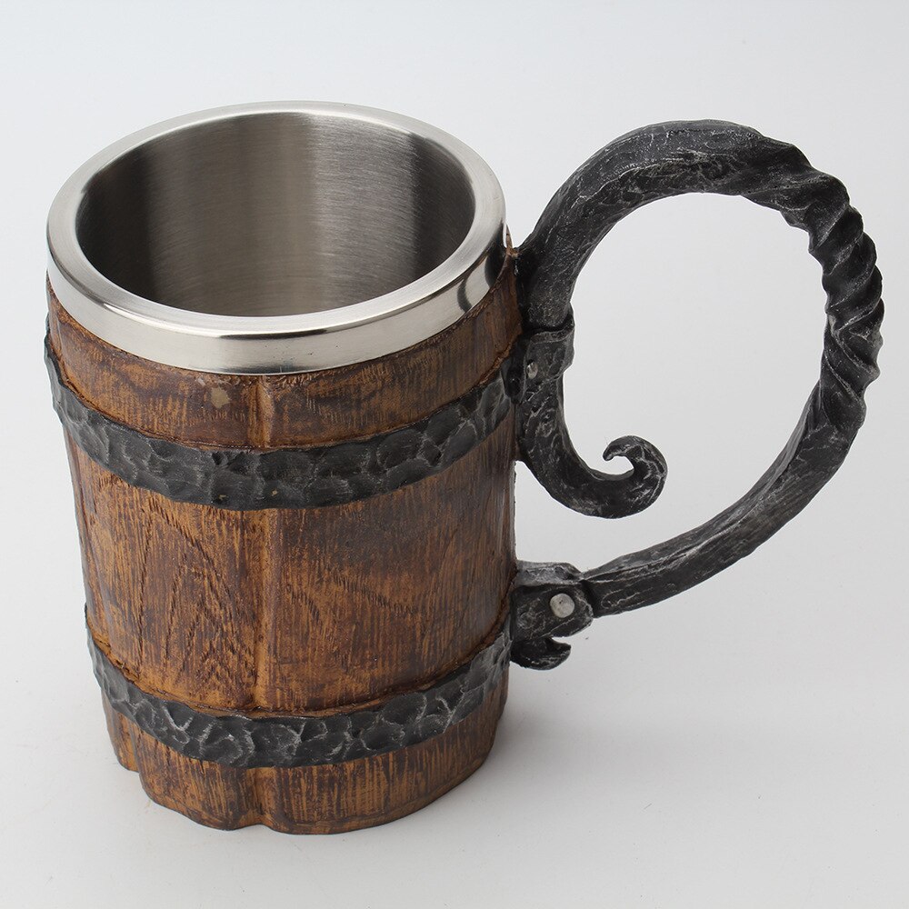 Wooden Barrel Stainless Steel Resin 3D Beer Mug Goblet Game Tankard Coffee Cup Wine Glass Mugs 650ml