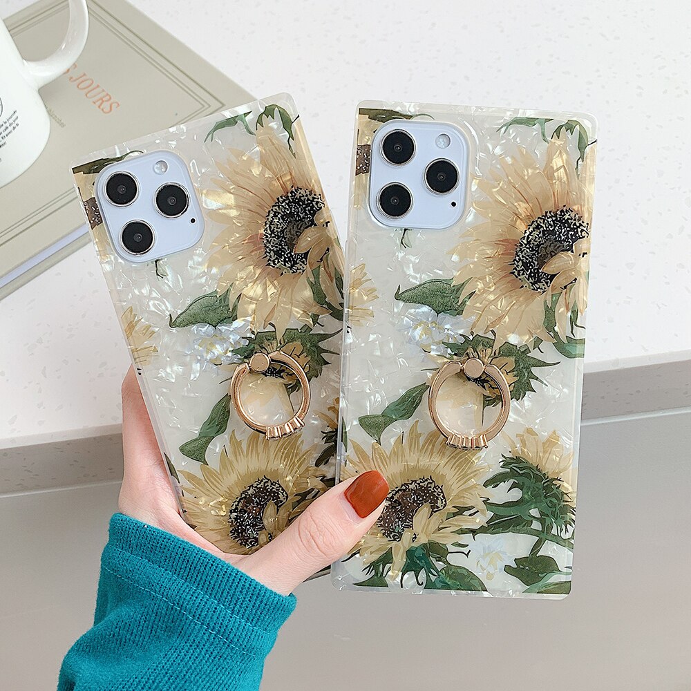 For iPhone 13 Pro Case Sunflower Dream Conch Square Phone Cover With Ring For 12 Pro 11 Pro XS Max XR X 7 8 Plus Soft IMD Case