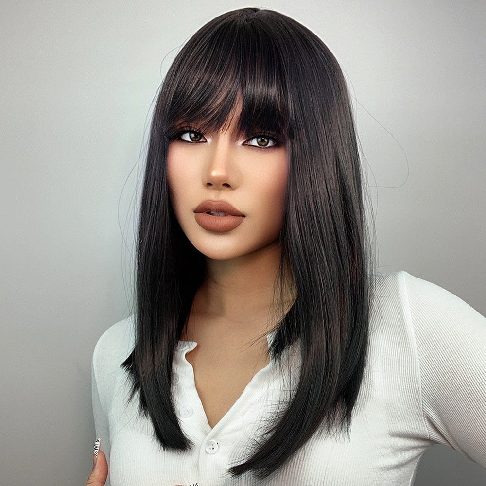 Black Bob Hair Wigs Medium Straight Synthetic Wig with Bangs Cosplay Wig Heat Resistant