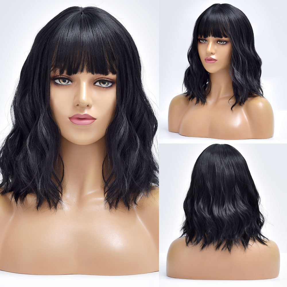 Short Bob Synthetic Wig Ombre Pink Water Wave Hair Wigs With Bangs Cosplay Lolita Heat Resistant Natural Hair