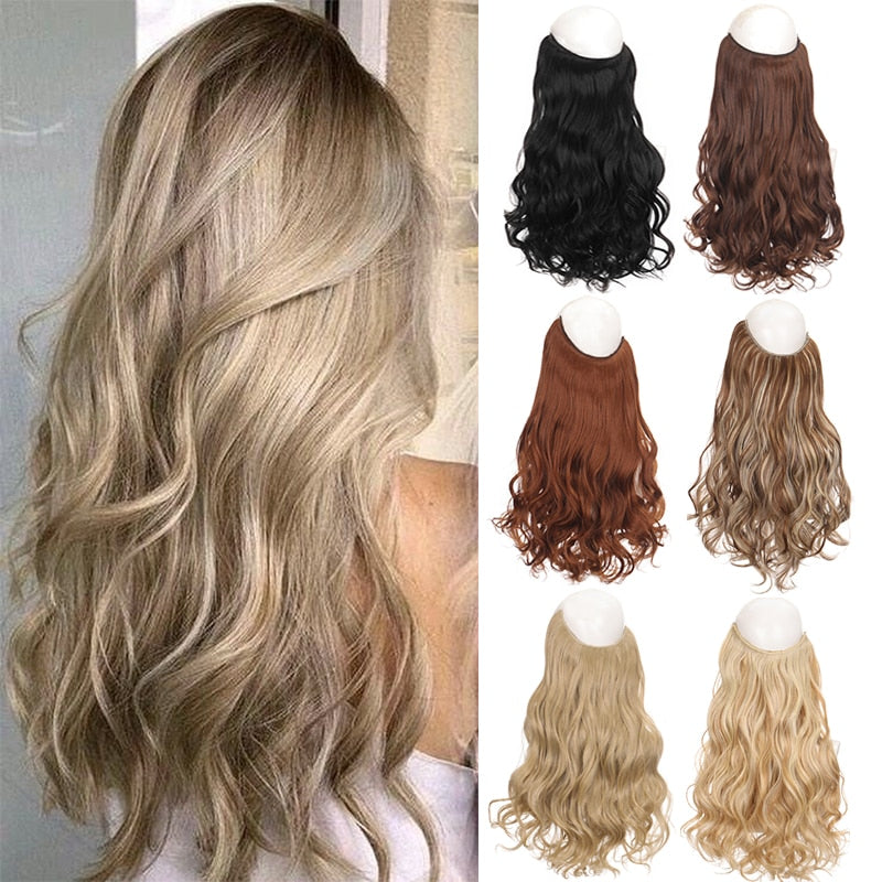 Synthetic 24 Inches No Clips In Natural Hidden Secret False Hair Piece Hair Extension Long Curly Fish Line Hair Pieces