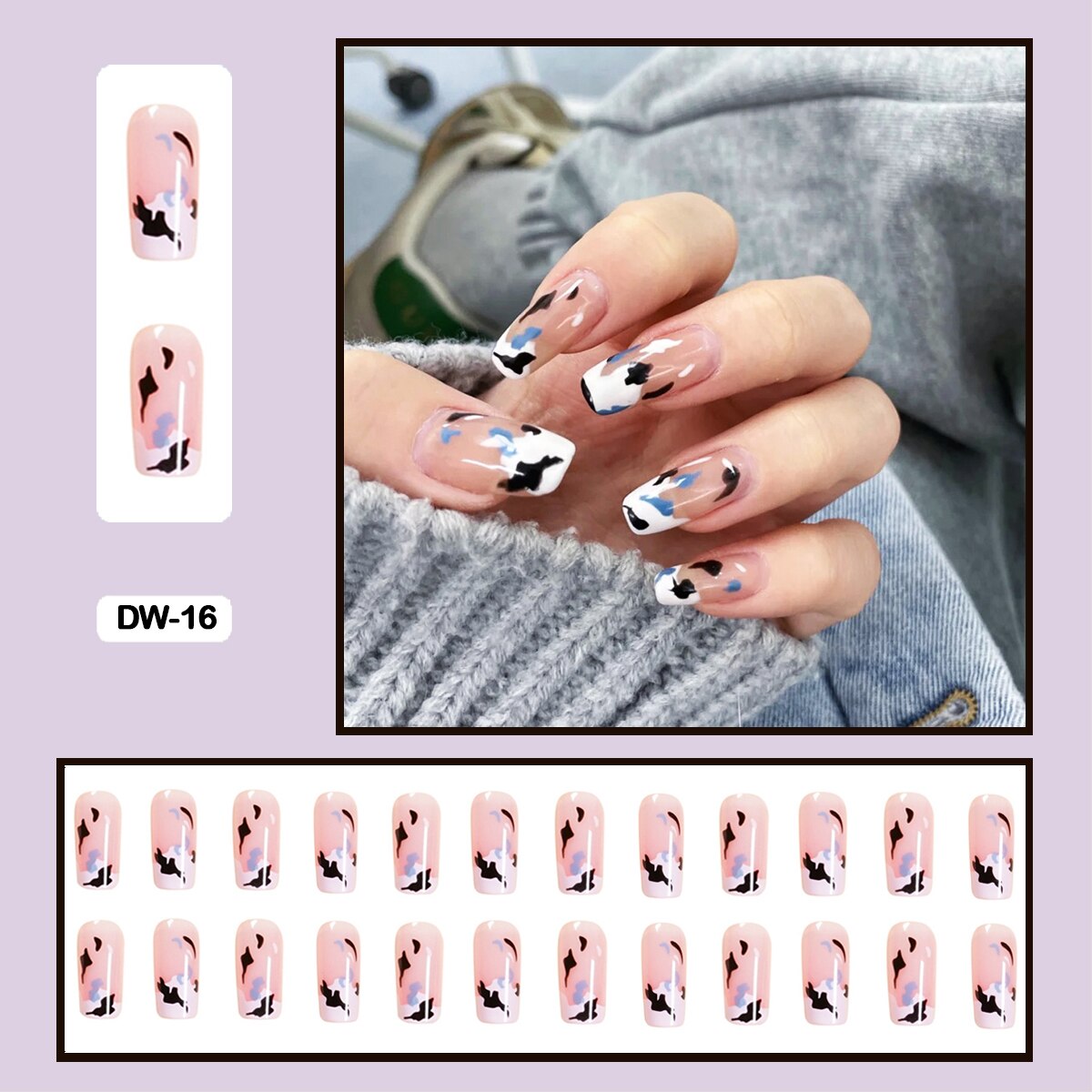 24Pcs Personality Painted Animal Pattern Cow Pattern Leopard Printed Wearable False Nails Fake Nails With Glue And Wearing Tools