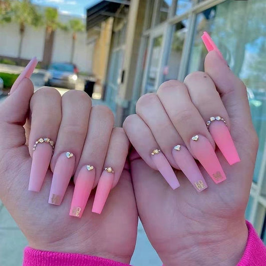 24Pcs False Nails Extra Long Pink Gradient Coffin Fake Nails With Rhinestone Manicure Ballerina Nail Art Tips Press on Nails