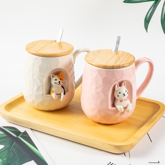 430ml Cute Animals Relief Ceramics Mug With Lid and Spoon Coffee Milk Tea Handle Cup Gifts