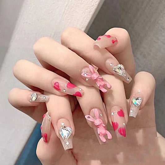 24Pcs Fake Nails with Heart Rabbit Designs Artificial Ballerina False Nails Full Cover Nail Tips Press On Nails Manicure Tool