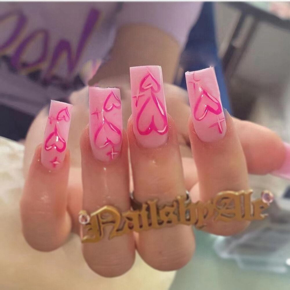 24Pcs/Box False Nails with Pink Flame Designs Press on Nails Long Coffin Ballerina Fake Nails Artificial Nail Art Tips with Glue