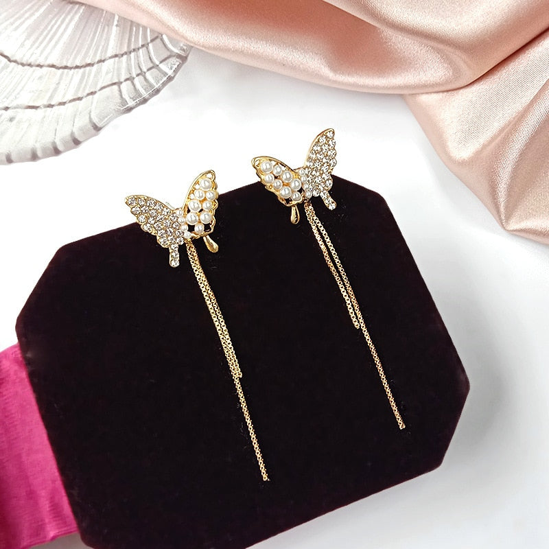 Elegant Cute Rhinestone Butterfly Stud Earrings For Women Girls Metal Chain Boucle Gifts