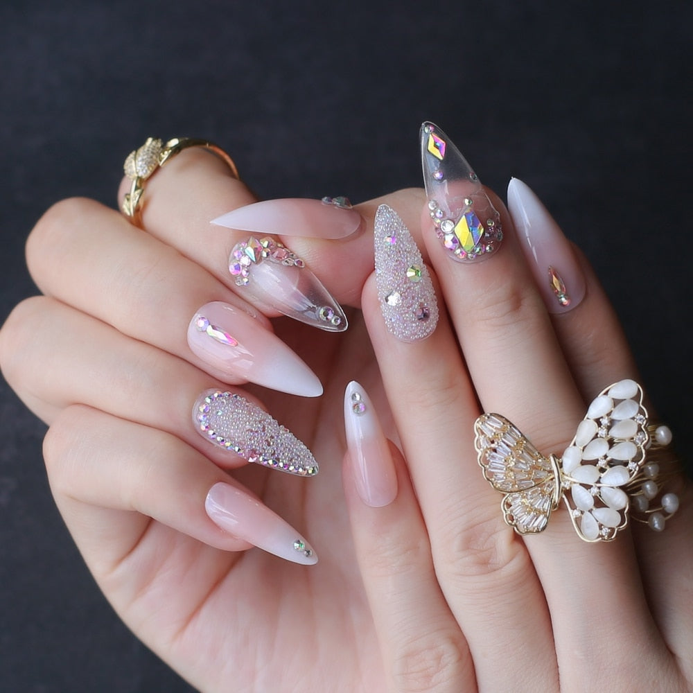 Stiletto Jelly ombre nude fasle nails press on nail Luxury crystal nails photo design nails