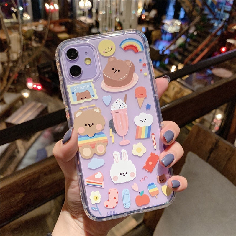 Shockproof Cute Rabbit Bear Phone Case For iPhone 13 12 11 Pro X XS Max XR Clear Cartoon Cover For iPhone 7 8 Plus Soft TPU Case