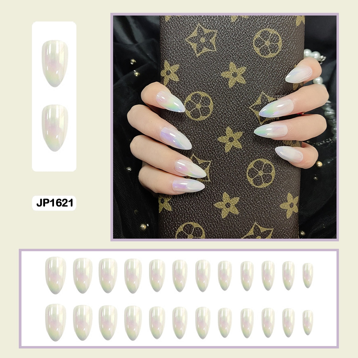 Mermaid Color Auroral Color Shell Fairy Fake Nail Art Wearable False Nails With Glue And Sticker 24pcs/box