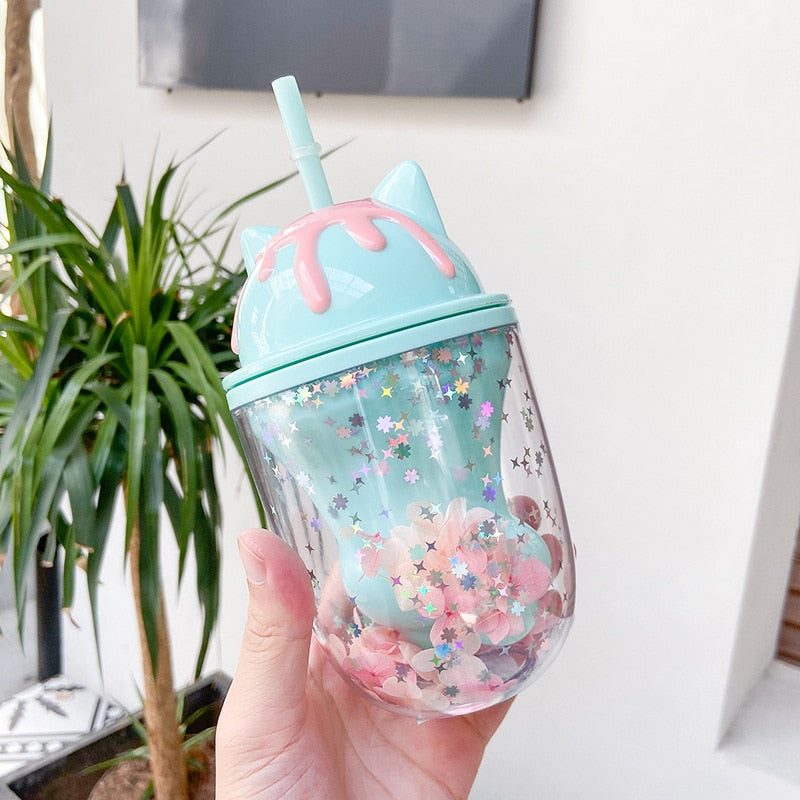 Water bottle cute cat paw plastic cup cute cartoon ins photo posing creative straw cup gift office school home