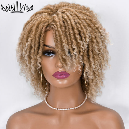 Short Dreadlock Hair Wig Curly Synthetic Soft Faux Locs Wigs With Bangs For Black Women Ombre Crochet Twist Hair Wigs