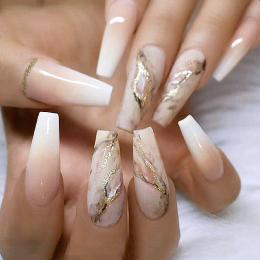 24Pcs Marble Gradient Long Coffin False Nails Detachable Wearable Gold Foil Ballerina Fake Nails Full Cover Nail Tips Press Glue