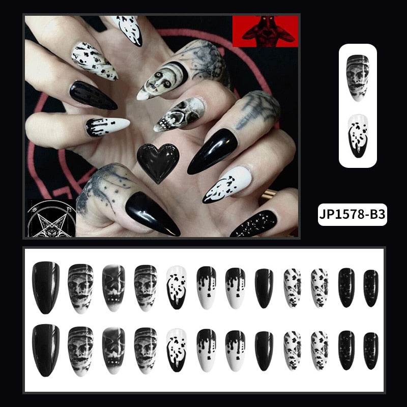 24PCS Dark Punk False Nails with Glue Gradient Long Detachable Fire Stick on Nails Skull Flame  Art DIY Fashion Manicure Tool