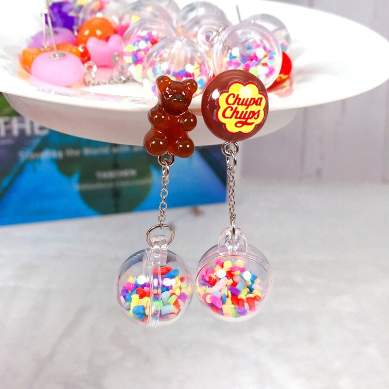 1 Pair Stud Earring Multicolours Gummy Bear  Resin Candy Charms With Ball Jewelry