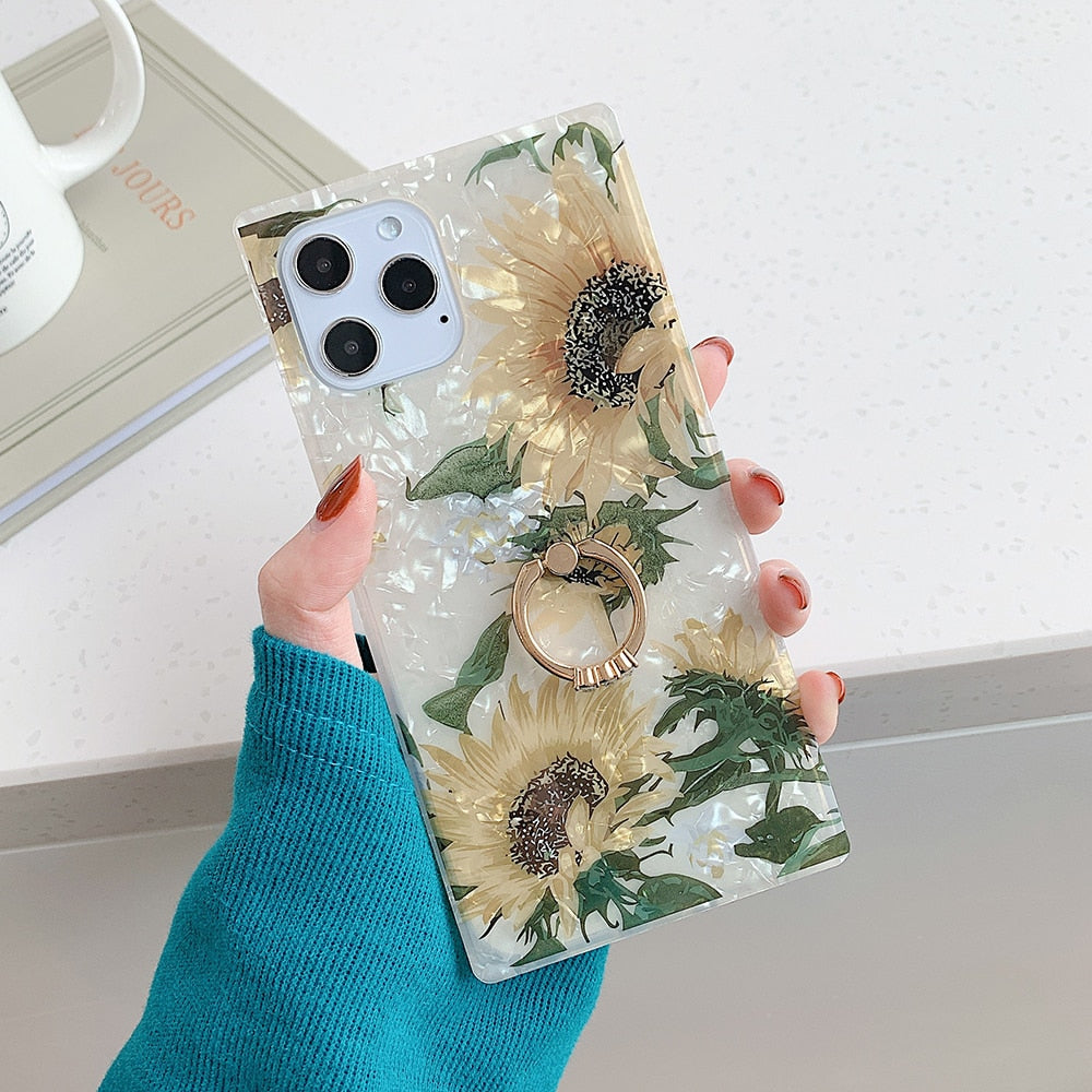 For iPhone 13 Pro Case Sunflower Dream Conch Square Phone Cover With Ring For 12 Pro 11 Pro XS Max XR X 7 8 Plus Soft IMD Case