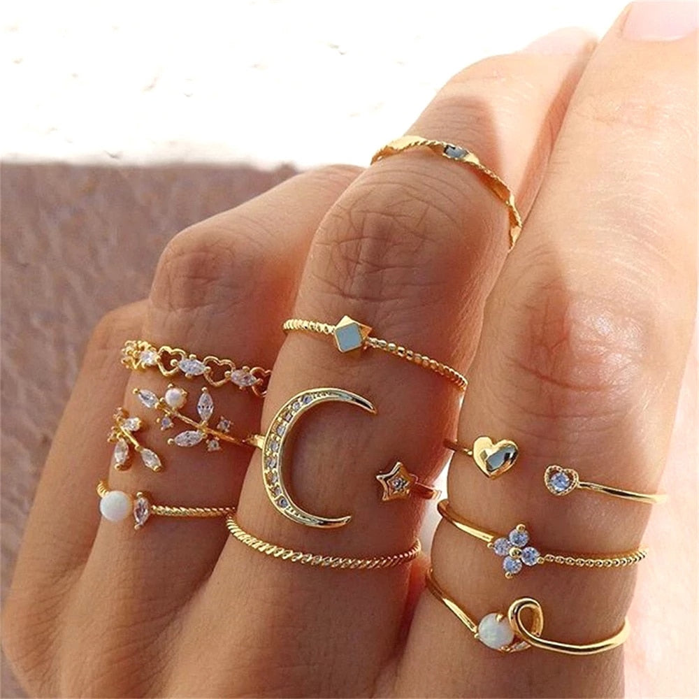 Bohemian Gold Chain Rings Set Boho Coin Snake Moon Star Rings Party Jewelry