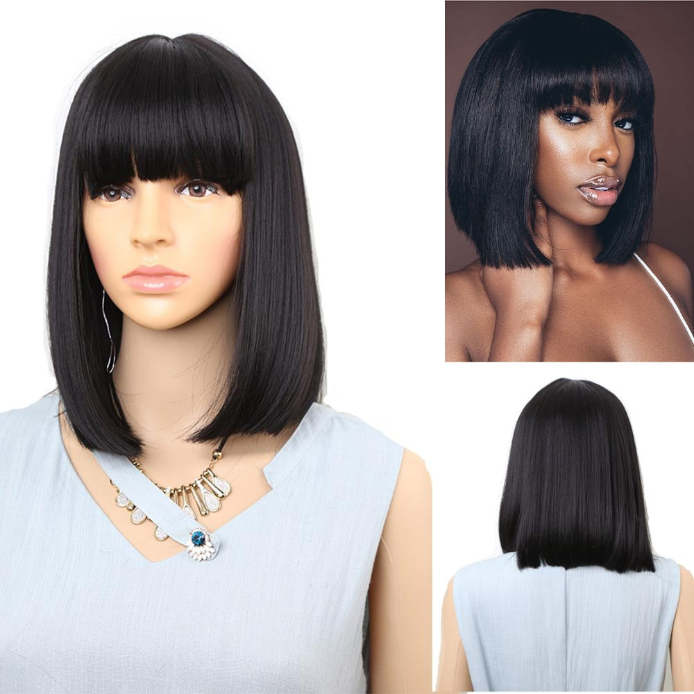 Amir Straight Black Synthetic Wigs With Bangs For Women Medium Length Hair Bob Wig Heat Resistant bobo Hairstyle Curly wigs