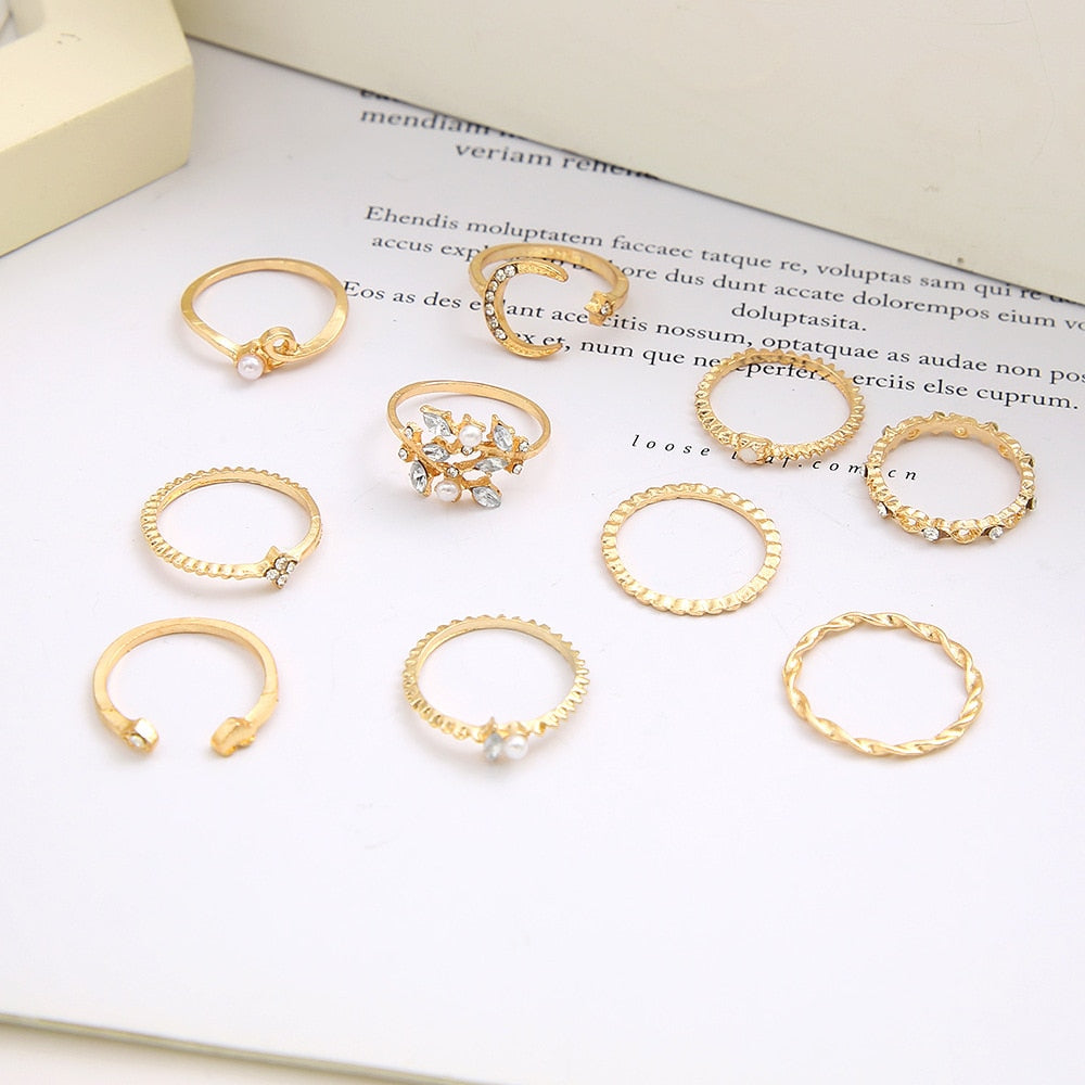 Bohemian Gold Chain Rings Set Boho Coin Snake Moon Star Rings Party Jewelry