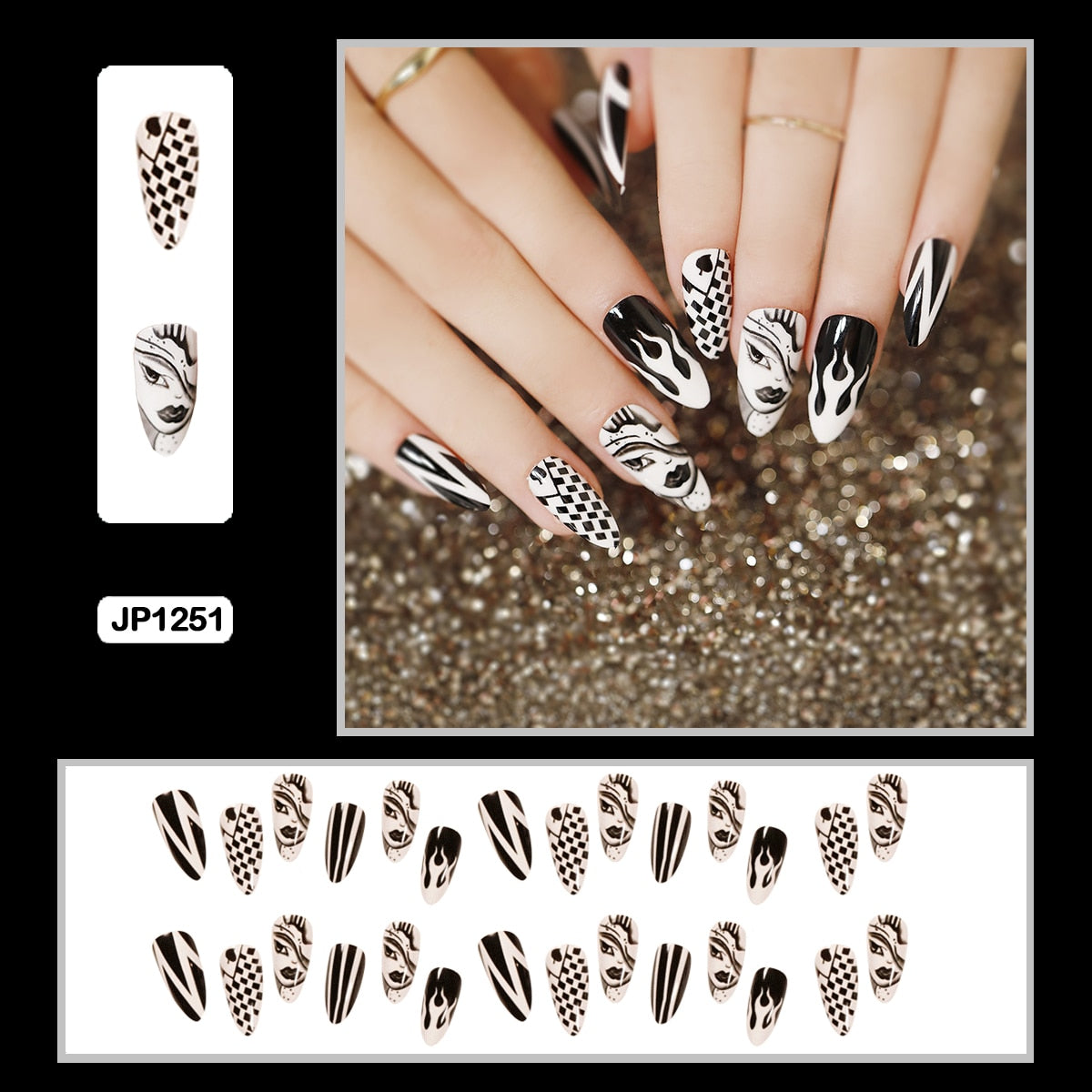 24PCS Dark Punk False Nails with Glue Gradient Long Detachable Fire Stick on Nails Skull Flame  Art DIY Fashion Manicure Tool