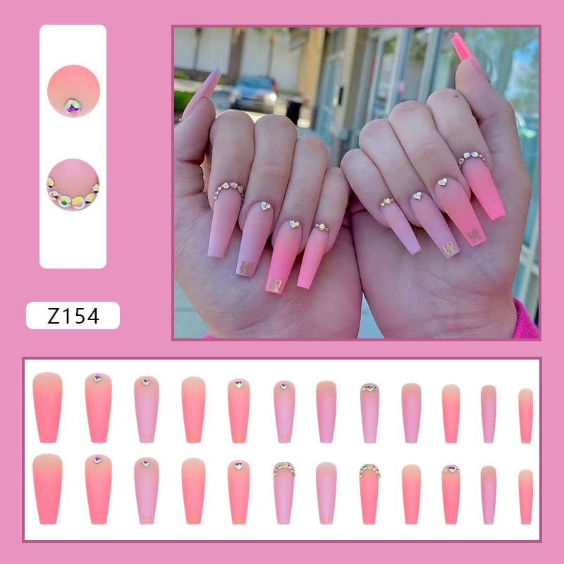 24pcs False Nails Nude Gradient Nail Patch Rhinestone Inlaid Press On Nails Removable Long Manicure nail tips