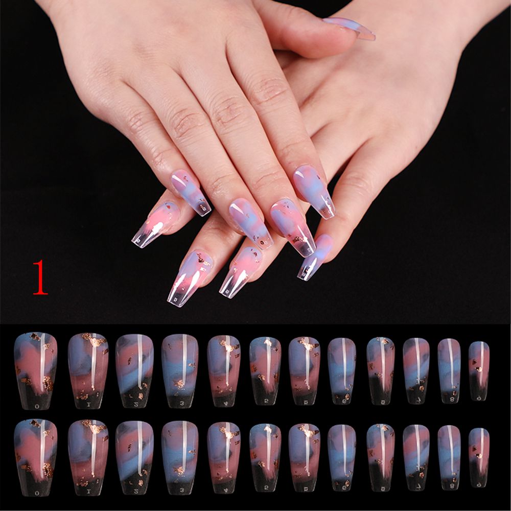 Purple Pink Ombre Rhinestone Fake Nails Coffin Ballerina Ladies Fingernails Natural Long French Gradient Press On False Nails