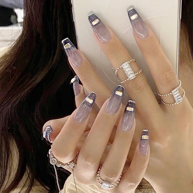 24pcs Aesthetic Northern Lights stiletto nail tips Simple Lasting Fake Nails Wearable Full Cover Finished Fingernails