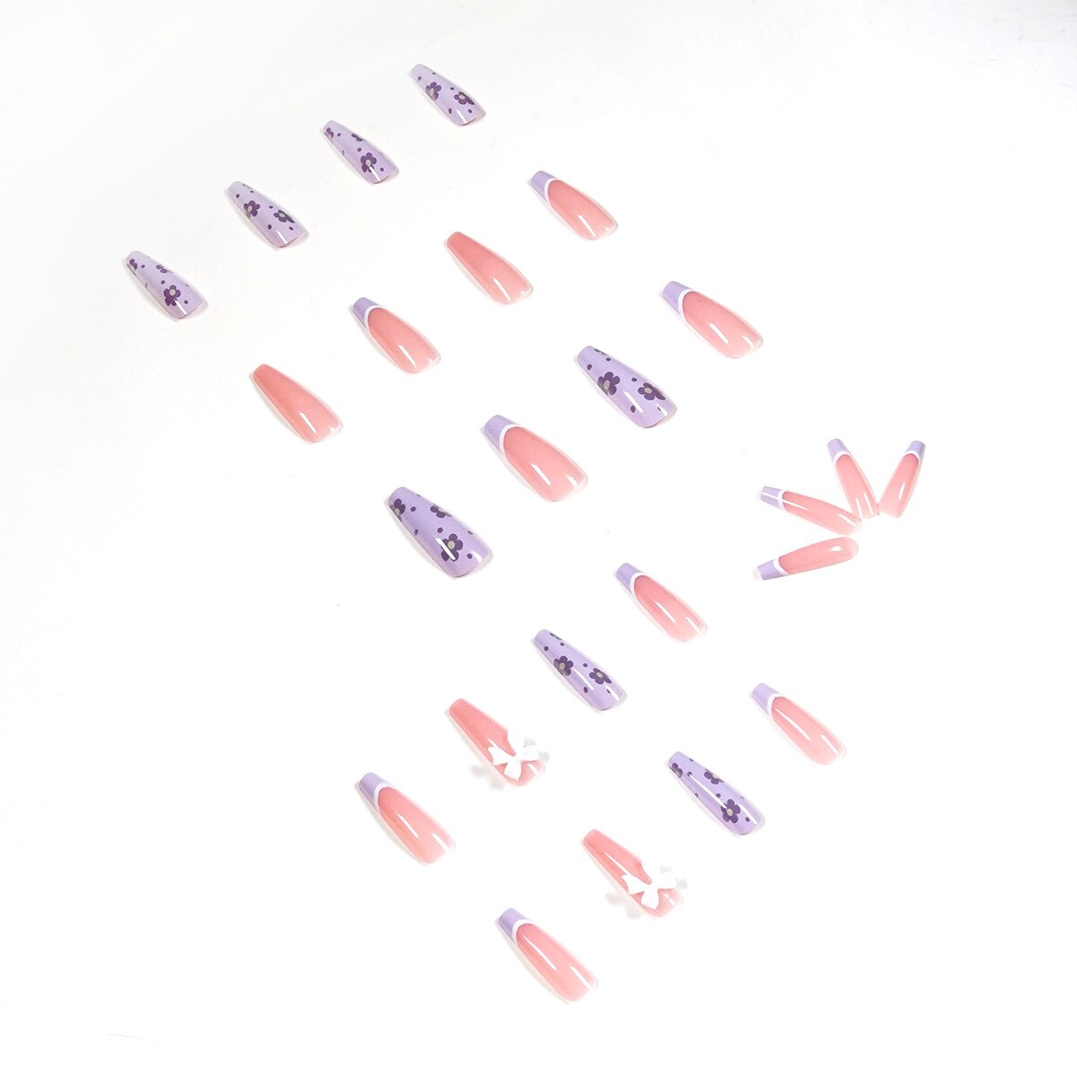 24 Pcs Long Love Bow Design Ballet Coffin Fake Nails Cute Flowers Artificial Plastic Press On False Nail Tips Manicure Nail Art