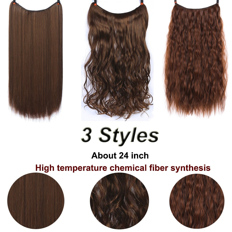 Synthetic 24 Inches No Clips In Natural Hidden Secret False Hair Piece Hair Extension Long Curly Fish Line Hair Pieces