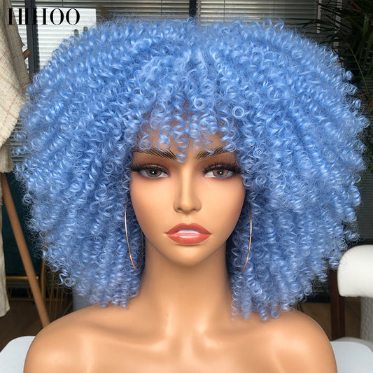 Short Hair Afro Kinky Curly Wigs With Bangs For Black Women Cosplay Lolita Synthetic Natural Blonde Wig Red Blue Orange Wig