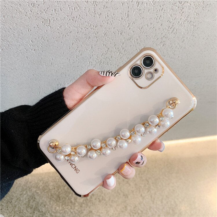 Plating Pearl rhinestone wrist bracelet Soft Phone Case For iPhone 11 12 13 Pro X XS Max 7 8 Plus Wrist Chian Strap phone Coque