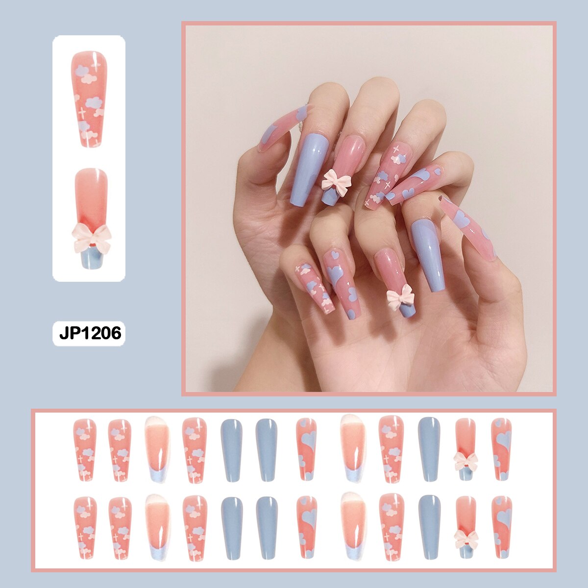 3D bow flowers sweet heart shaped long trapezoidal wearable nail fake nails