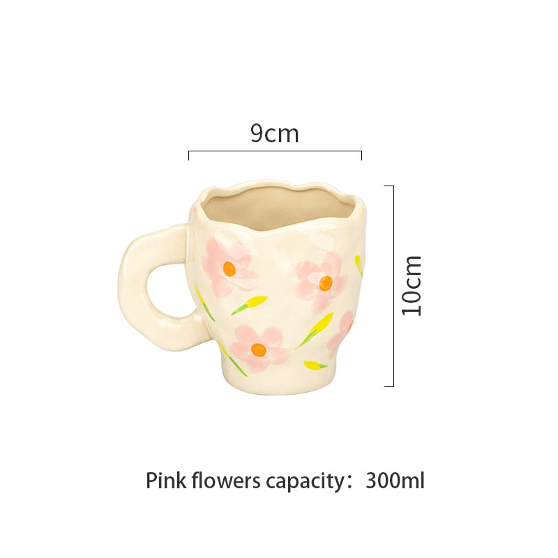 Hand-painted Flower Ceramic Coffee Cup Home Office Mug With Saucer Breakfast Milk Juice Tea Handle Cup Microwave Safe