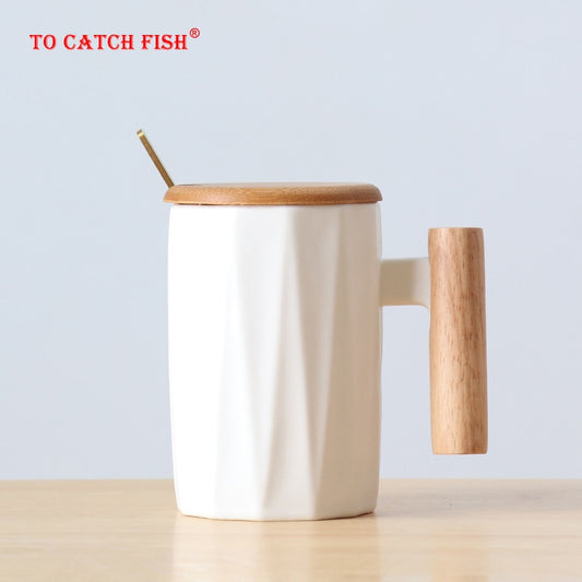 Wooden handle ceramic coffee mug tea Coffee Milk Cup Nordic Small Fresh Hand Ceramic Cup Drinkware gift 400ml