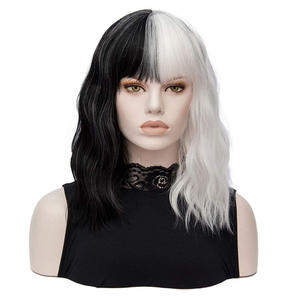 Cruella De Vil Kuila Half Black Half White Short Curly Hair Bangs Bob Cosplay Halloween Costume Synthetic Ladies Wig