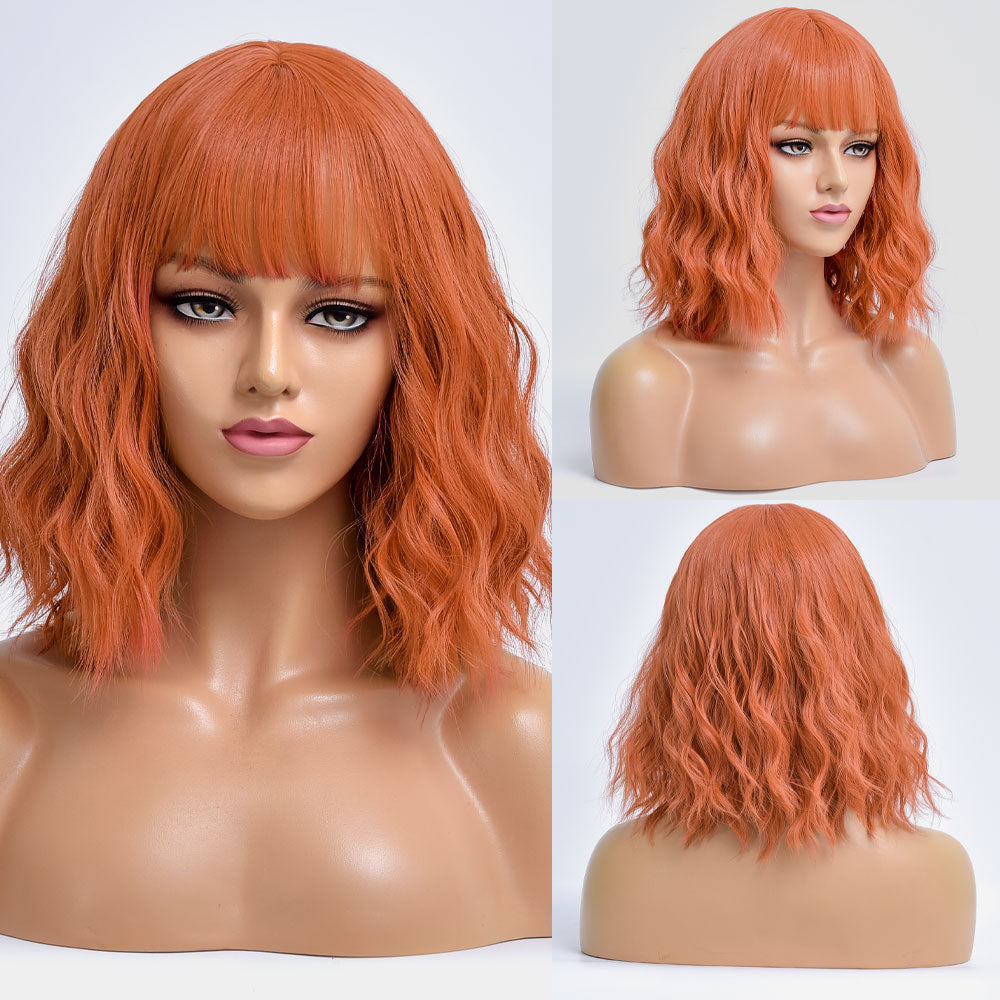 Short Bob Synthetic Wig Ombre Pink Water Wave Hair Wigs With Bangs Cosplay Lolita Heat Resistant Natural Hair