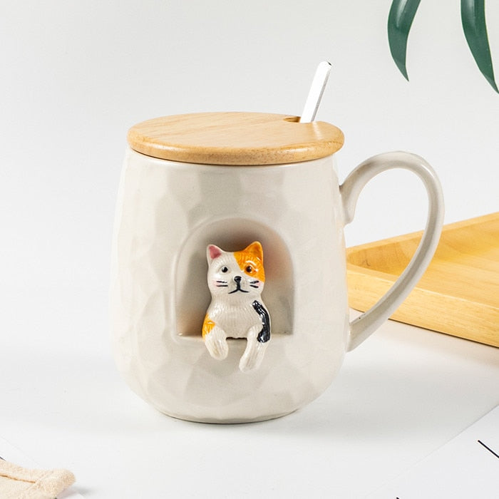 430ml Cute Animals Relief Ceramics Mug With Lid and Spoon Coffee Milk Tea Handle Cup Gifts