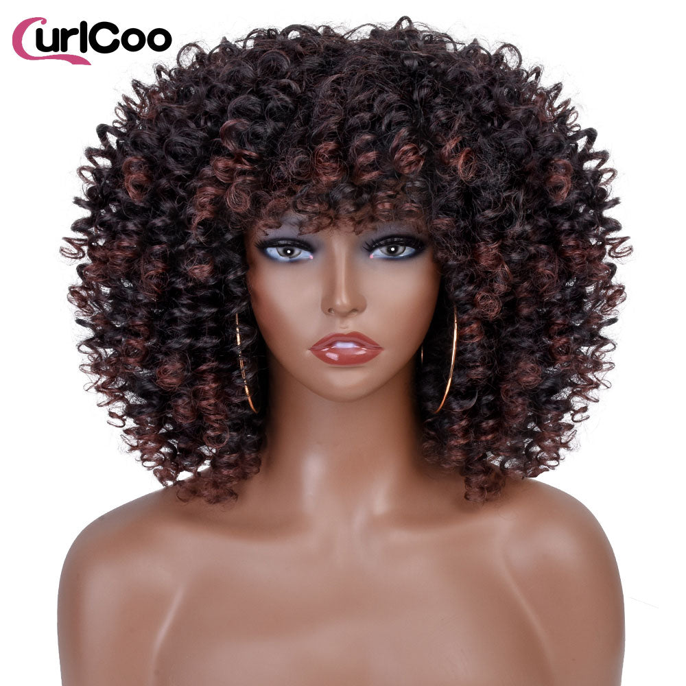 Short Afro Kinky Curly Wigs With Bangs For Women Synthetic Ombre Natural Heat Resistant Hair Brown Cosplay Highlight Wigs