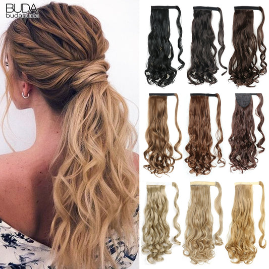 Wrap Around Ponytail Hair Extensions 20Inch Long Curly Wave Synthetic Ponytail Natural Hairpiece Brown Gray Hair For Women