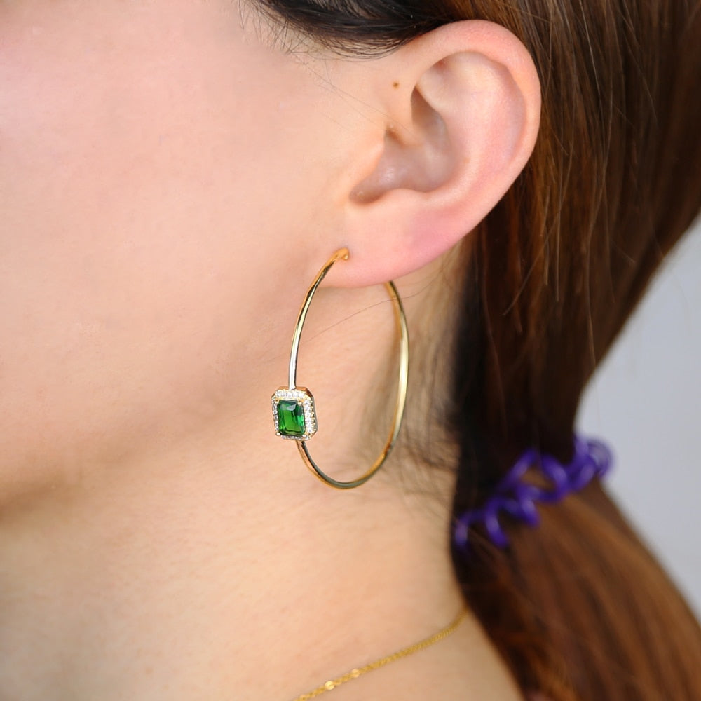 Gold color green baguette cz hoop earring big round circle hoop jewelry