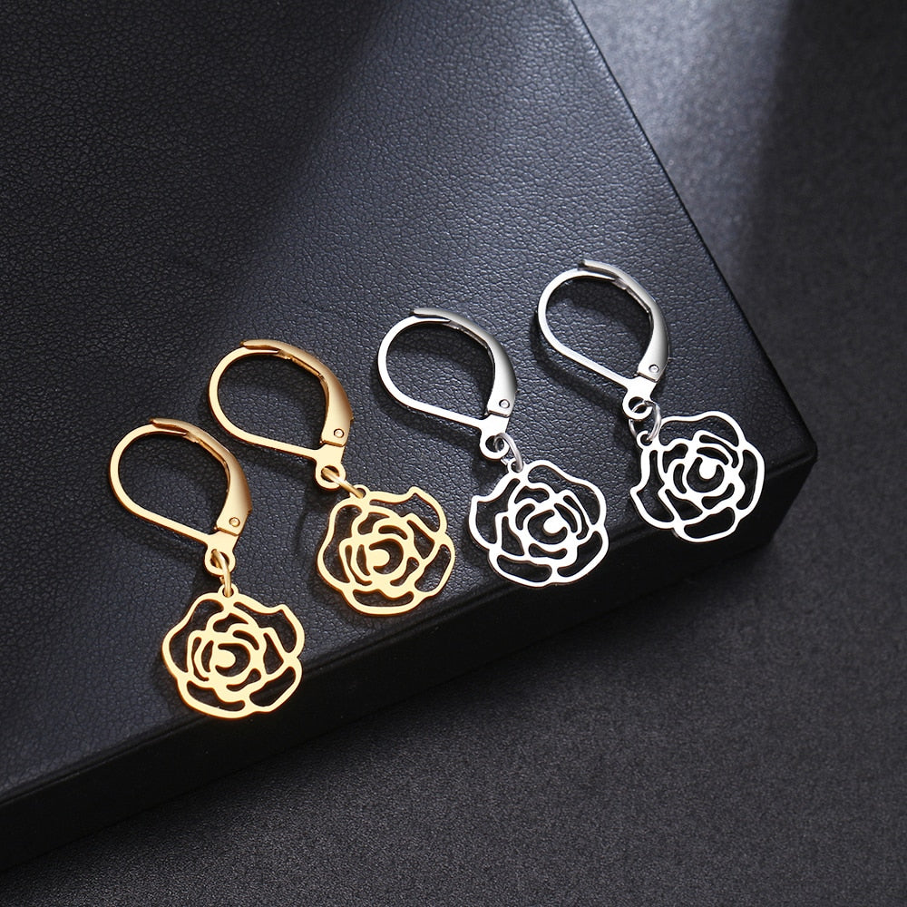 Rose Flower Chic style Gold Earrings Dangle Stainless Steel Temperament Earring Jewelry